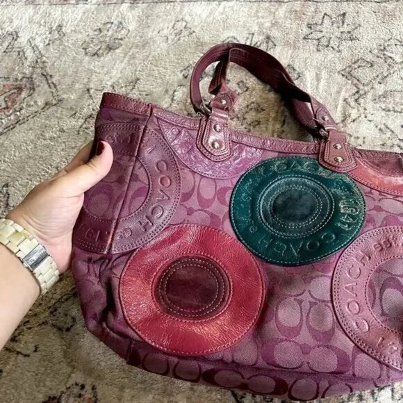 Coach East West Circle Patchwork Zip Tote Shoulder Bag Purple Leather Canvas - Picture 4 of 12